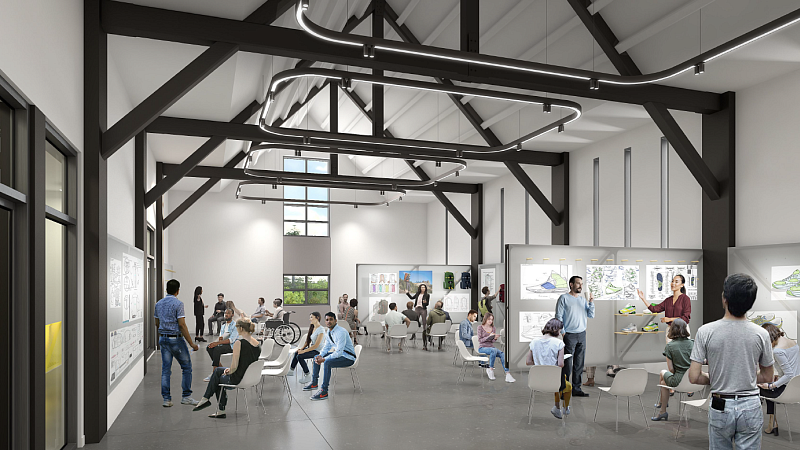 This rendering of the events space inside the Innovation Building shows students assembled for poster reviews at moveable bulletin board. The space has a vaulted ceiling and exposed beams. 